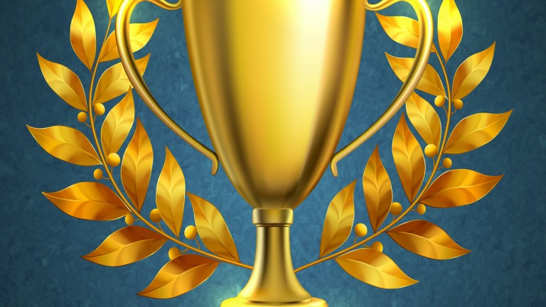 Realistic gold cup of the winner with olive branches on right and left standing on wooden shelf vector illustration Gold Cup Illustration